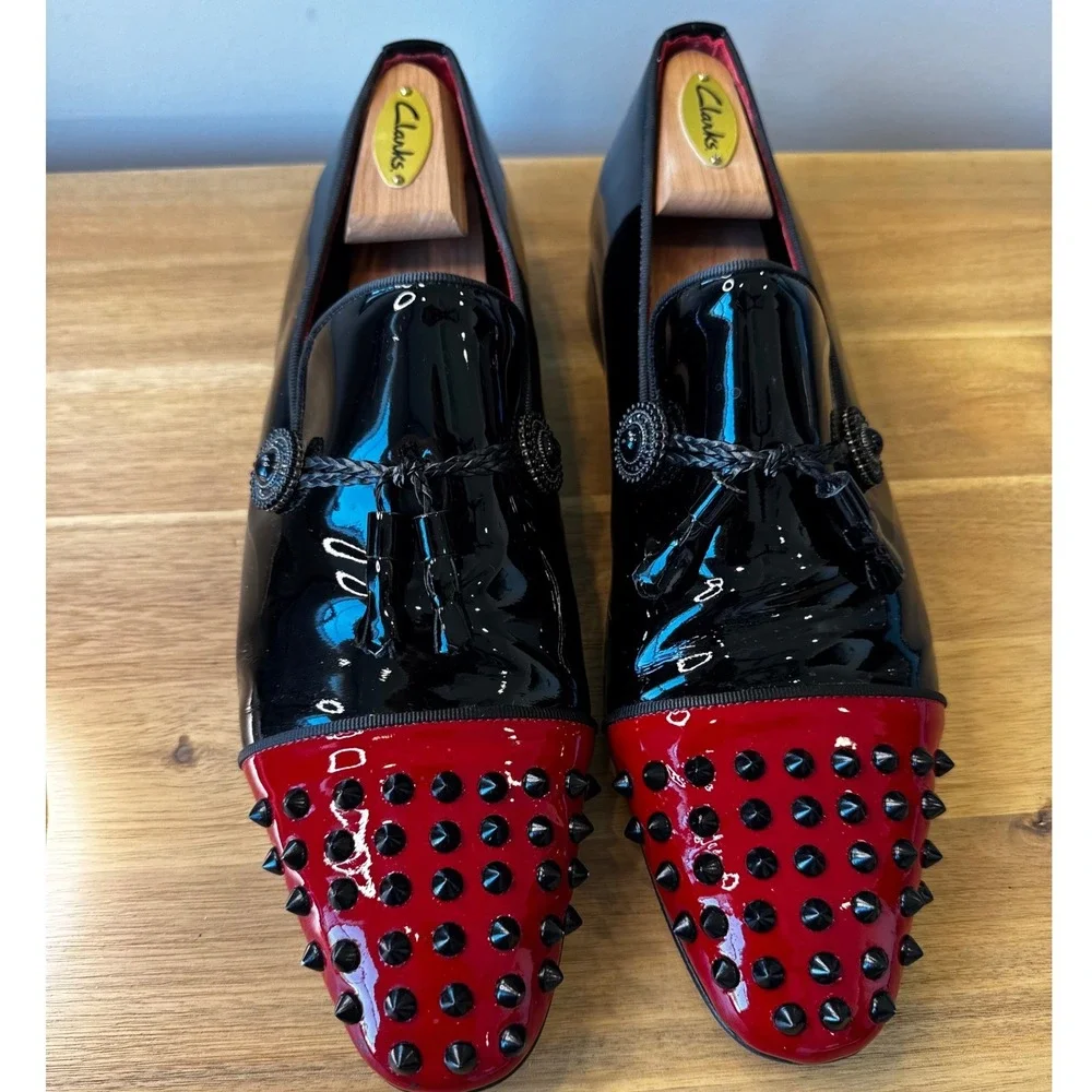 Vercini Men EU 43 Black Red Studded Spiked Patent Leather Loafers Tassel Shoes